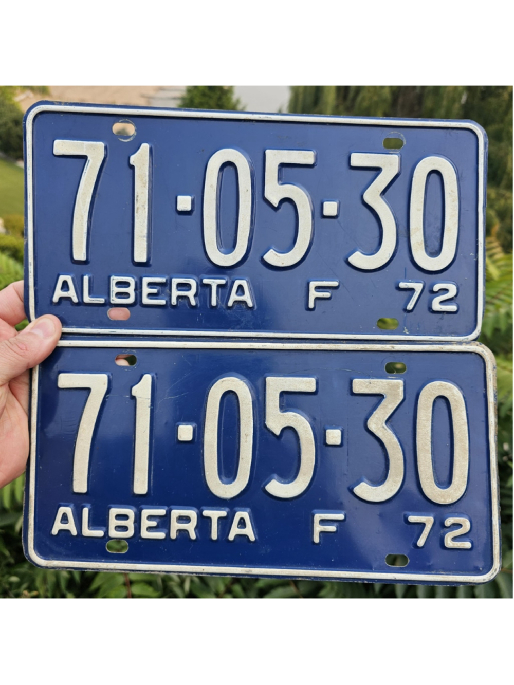 1972 Alberta License Plate Pair 71-05-30 Matching Set Embossed Blue White...